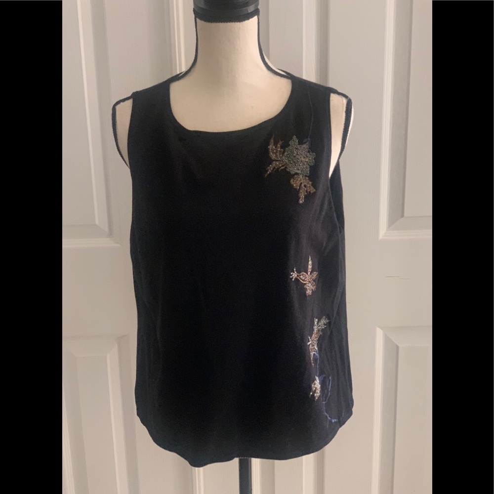 XL Black Floral Embroidered Beaded silk nylon top